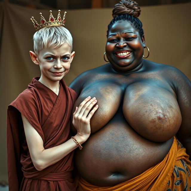 A young, short, malnourished blonde woman, 19 years old, with blue eyes, wearing a long, fully closed Buddhist robe