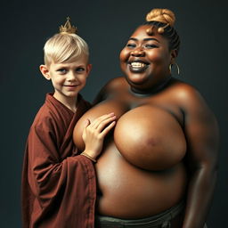 A young, short, malnourished blonde woman, 19 years old, with blue eyes, wearing a long, fully closed Buddhist robe