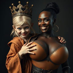 A striking scene featuring a young, malnourished blonde woman, 20 years old, who is notably short and dwarf-like with demonic blue eyes, radiating fury