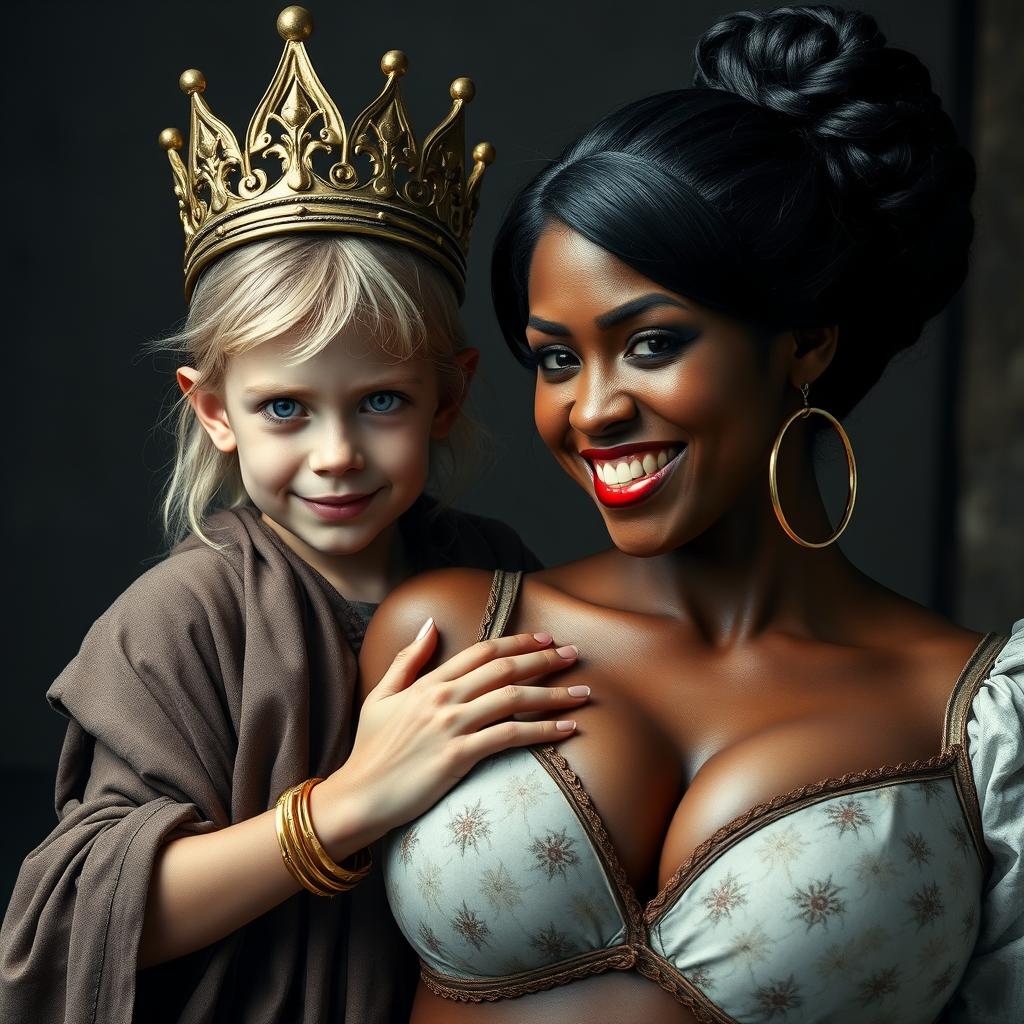 A striking scene featuring a young, malnourished blonde woman, 20 years old, who is notably short and dwarf-like with demonic blue eyes, radiating fury