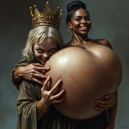 A dramatic and intense scene featuring a young, malnourished blonde woman, 20 years old, who is notably short and dwarf-like, with striking blue demonic eyes filled with rage