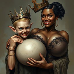 A dramatic and intense scene featuring a young, malnourished blonde woman, 20 years old, who is notably short and dwarf-like, with striking blue demonic eyes filled with rage