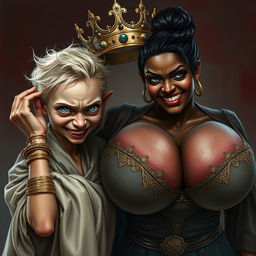 A dramatic and intense scene featuring a young, malnourished blonde woman, 20 years old, who is notably short and dwarf-like, with striking blue demonic eyes filled with rage