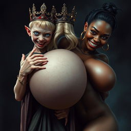 A vivid and powerful scene featuring a young, malnourished blonde woman, aged 20, who is notably short and dwarf-like with piercing blue demonic eyes, emanating an expression of intense anger