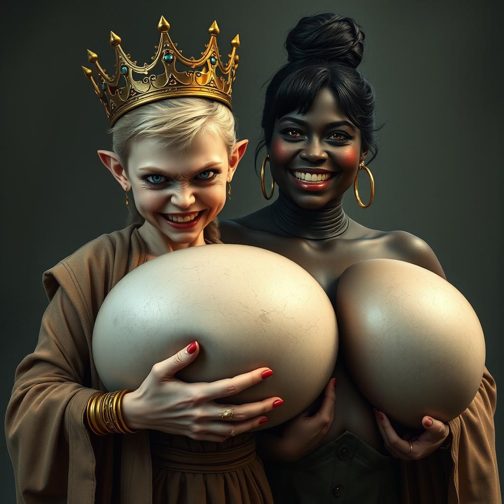 A vivid and powerful scene featuring a young, malnourished blonde woman, aged 20, who is notably short and dwarf-like with piercing blue demonic eyes, emanating an expression of intense anger