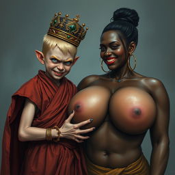 A captivating scene portraying a young, malnourished blonde woman, 20 years old, who is notably short and dwarf-like with intense blue demonic eyes brimming with anger