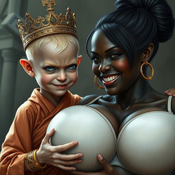 A captivating scene portraying a young, malnourished blonde woman, 20 years old, who is notably short and dwarf-like with intense blue demonic eyes brimming with anger