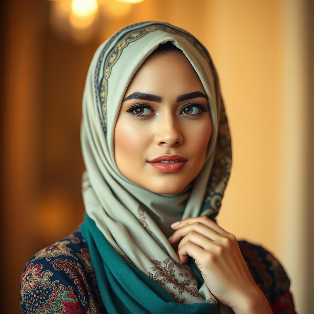 A beautiful woman wearing a stylish hijab that complements her outfit, with intricate patterns and vibrant colors