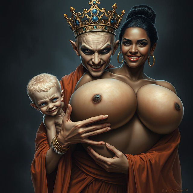 A striking and intense scene depicting a young, malnourished blonde woman, 20 years old, who is notably short and dwarf-like, with piercing blue demonic eyes radiating anger