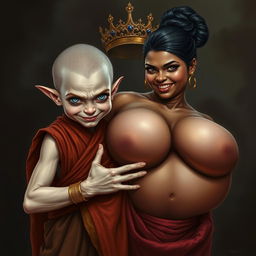 A striking and intense scene depicting a young, malnourished blonde woman, 20 years old, who is notably short and dwarf-like, with piercing blue demonic eyes radiating anger