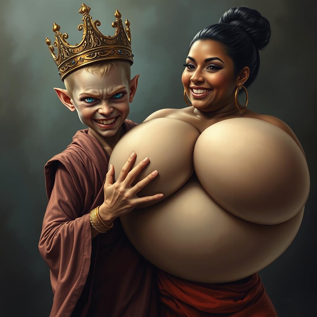 A striking and intense scene depicting a young, malnourished blonde woman, 20 years old, who is notably short and dwarf-like, with piercing blue demonic eyes radiating anger