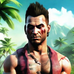 Vaas Montenegro from Far Cry 3 standing imposingly. His distinctive Mohawk hairstyle and war paint visible as he smirks menacingly.