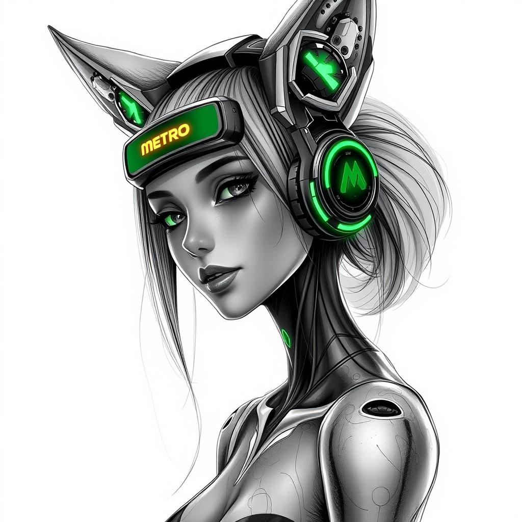 A detailed black and white sketch of a slender android siren, featuring glowing skin and cybernetic fox ears