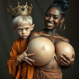 A dramatic scene showcasing a young, malnourished blonde woman, 20 years old, who is notably short and dwarf-like with striking blue eyes