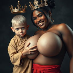 A dramatic scene showcasing a young, malnourished blonde woman, 20 years old, who is notably short and dwarf-like with striking blue eyes