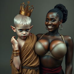 A dramatic scene showcasing a young, malnourished blonde woman, 20 years old, who is notably short and dwarf-like with striking blue eyes