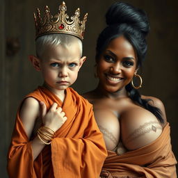 A dramatic scene showcasing a young, malnourished blonde woman, 20 years old, who is notably short and dwarf-like with striking blue eyes