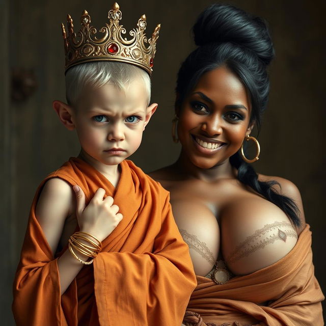 A dramatic scene showcasing a young, malnourished blonde woman, 20 years old, who is notably short and dwarf-like with striking blue eyes