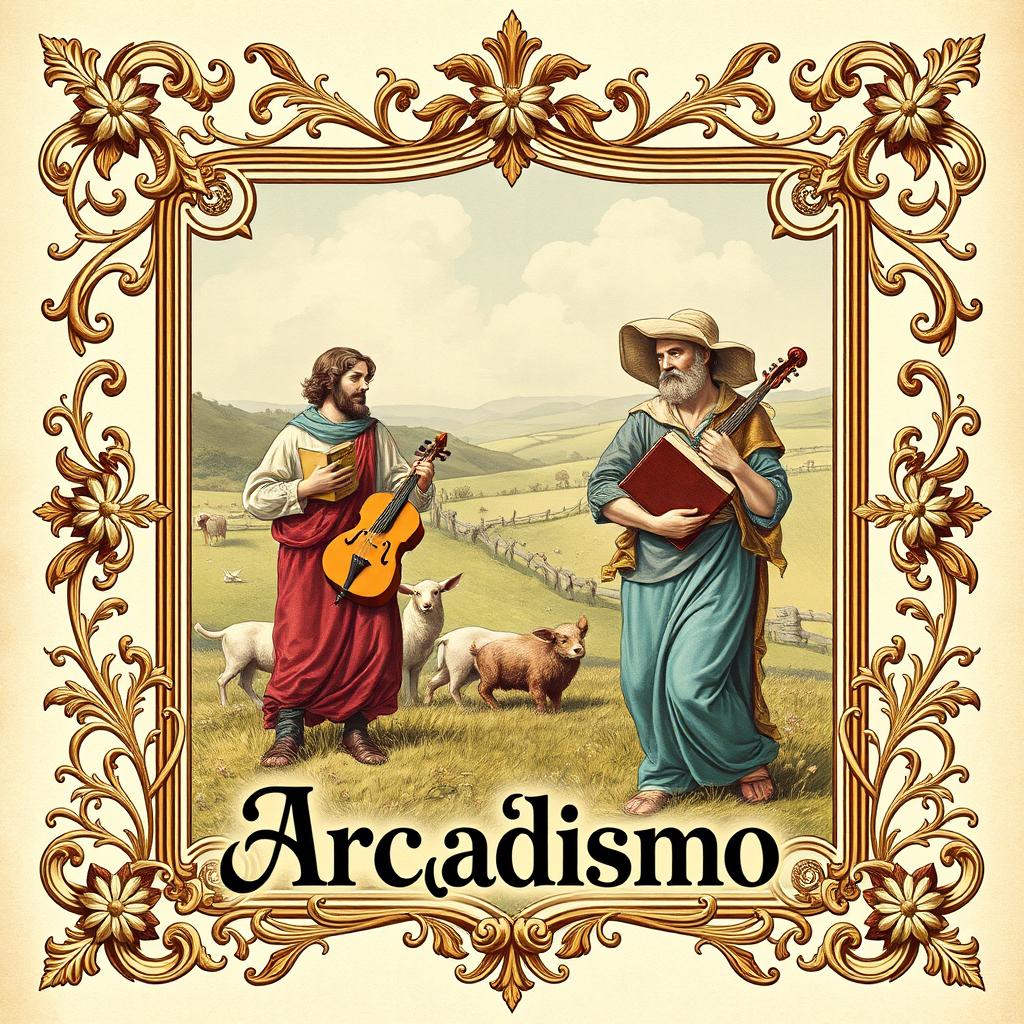 An eye-catching vintage book cover inspired by Arcadismo, infused with irony