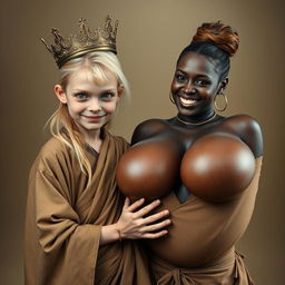 A striking image of a young, malnourished blonde woman, 20 years old, who is notably short with frail features and bright blue eyes