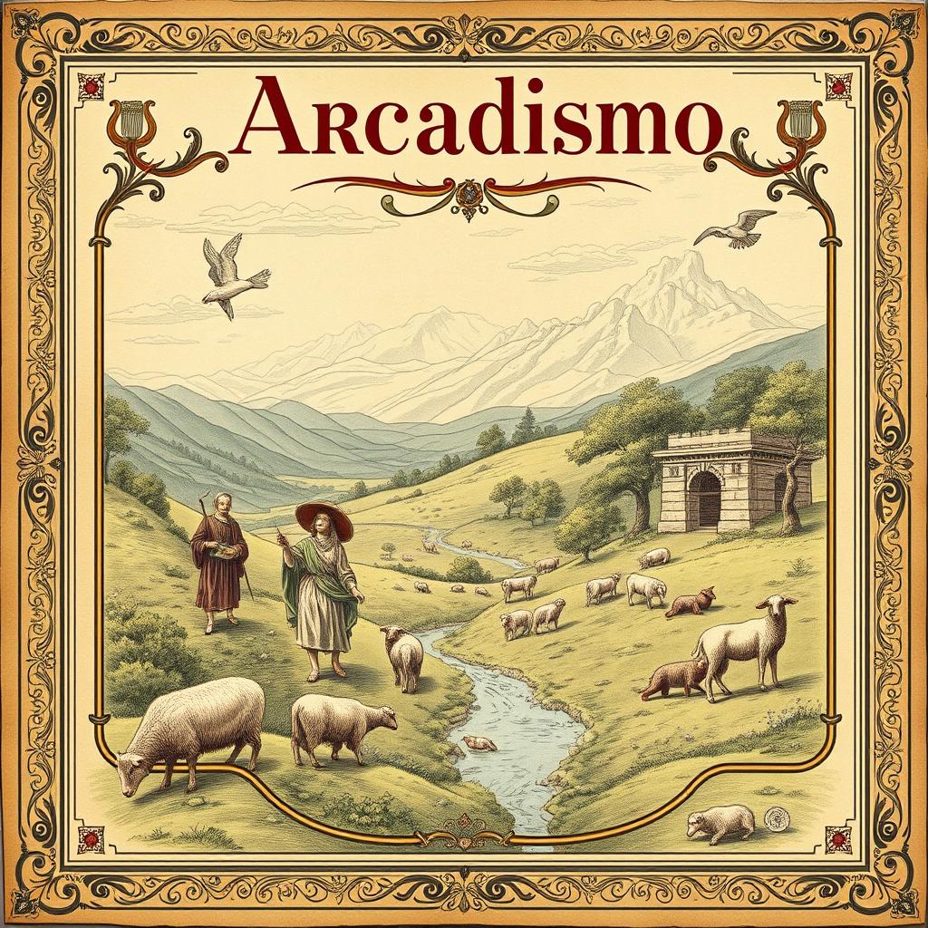 An elaborate vintage book cover that embodies all elements of Arcadismo