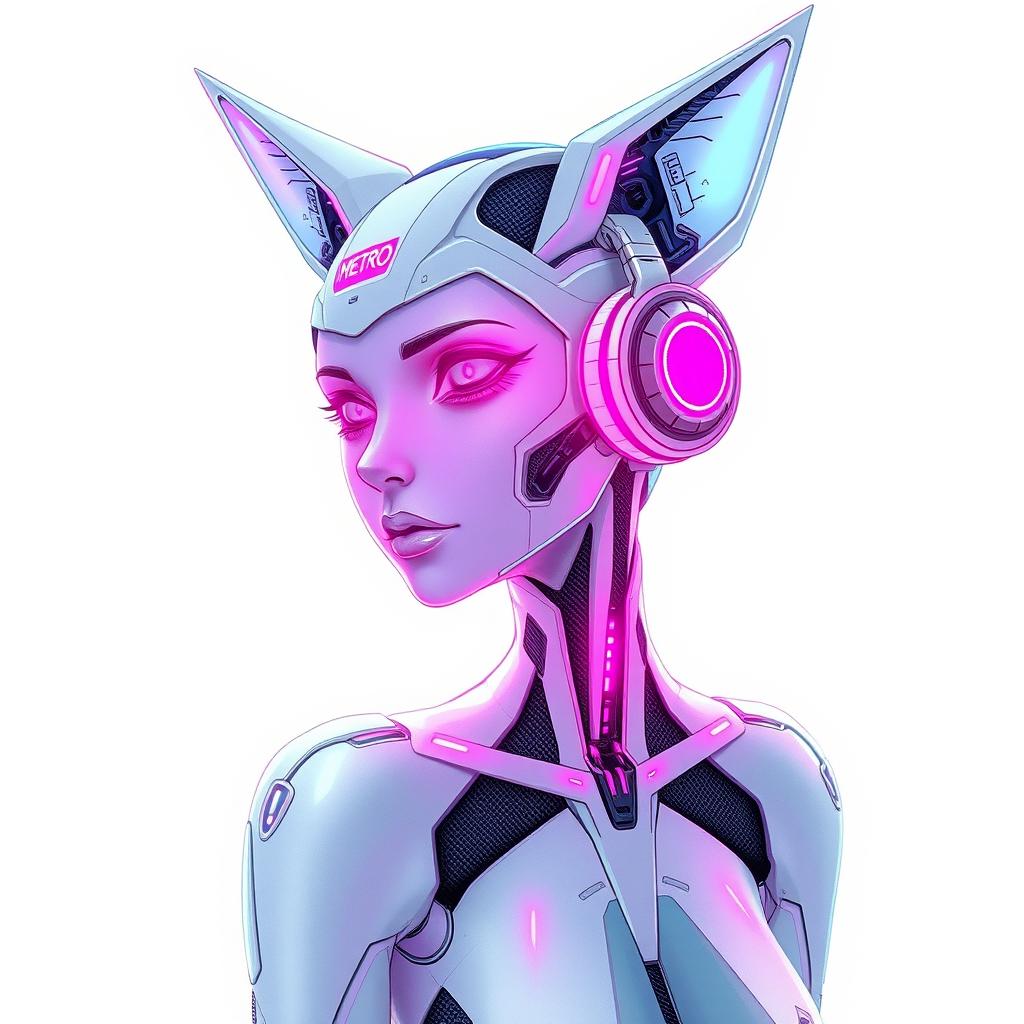 A futuristic sketch of a slender android siren, showcasing glowing white synthetic skin and mechanical fox ears