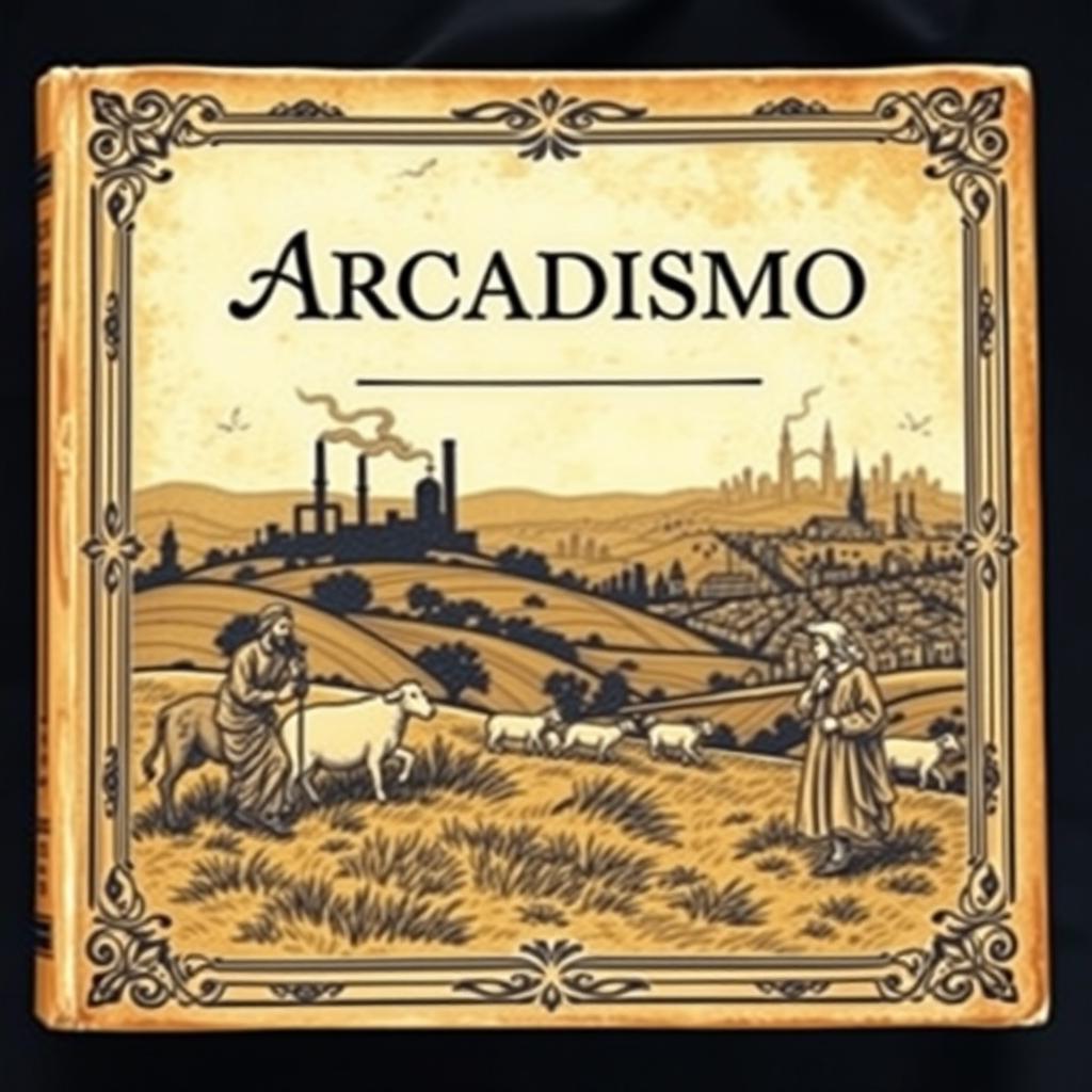 An antique-style book cover that encapsulates all elements of Arcadismo, with a focus on Enlightenment ideas and an ironic critique of urban life