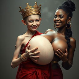 An intriguing image featuring a young, malnourished blonde woman, 20 years old, who is notably short and has striking blue eyes