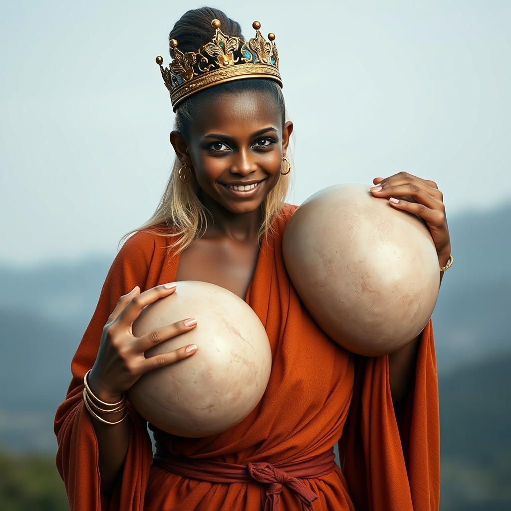 A striking image depicting a young, malnourished blonde woman, 25 years old, with captivating blue eyes