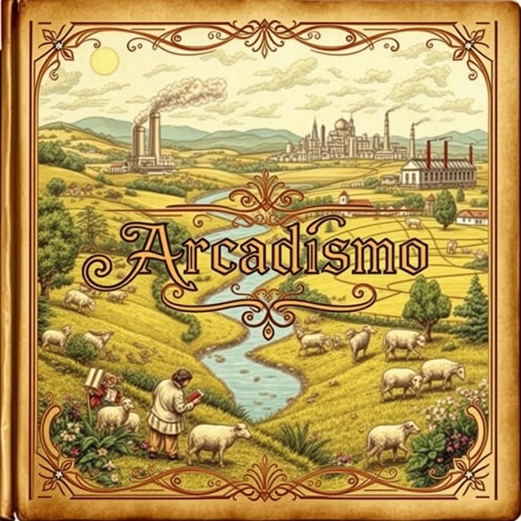 An antique-style book cover representing all elements of Arcadismo, with a strong emphasis on Enlightenment ideas and an ironic critique of urban life