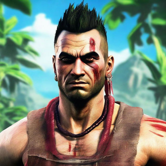 Vaas Montenegro from Far Cry 3 standing imposingly. His distinctive Mohawk hairstyle and war paint visible as he smirks menacingly.