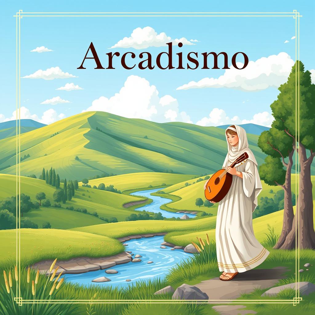 A book cover depicting Arcadismo, featuring elements of nature, pastoral scenes, and classical Greek inspiration