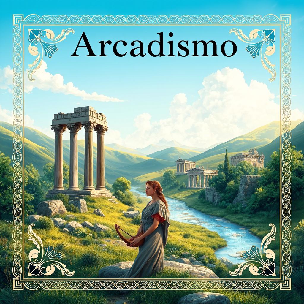 A beautifully crafted book cover centered around Arcadismo, incorporating elements of antiquity