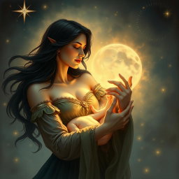 A heartfelt and loving depiction of Goddess Lilith as she gazes at the Antichrist, her son, with deep affection and care