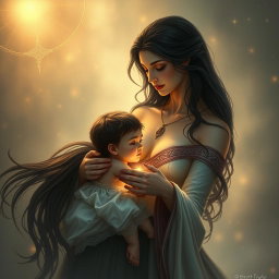 A heartfelt and loving depiction of Goddess Lilith as she gazes at the Antichrist, her son, with deep affection and care