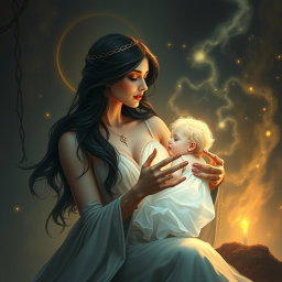 A heartfelt and loving depiction of Goddess Lilith as she gazes at the Antichrist, her son, with deep affection and care
