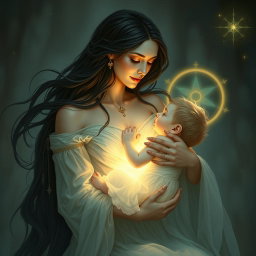 A heartfelt and loving depiction of Goddess Lilith as she gazes at the Antichrist, her son, with deep affection and care