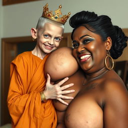 A young, malnourished 25-year-old blonde woman, very short and with striking blue eyes, dressed in a long, completely closed Buddhist robe