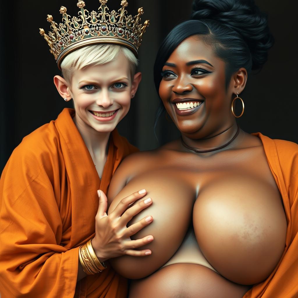 A young, malnourished 25-year-old blonde woman, very short with striking blue eyes, dressed in a long, fully enclosed Buddhist robe