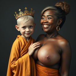 A young, malnourished 25-year-old blonde woman, very short with striking blue eyes, clad in a long, fully enclosed Buddhist robe