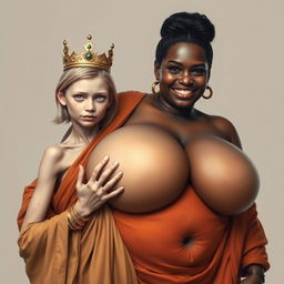 A young, malnourished 25-year-old blonde woman, very short with striking blue eyes, wearing a long, fully closed Buddhist robe