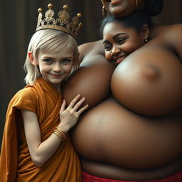 A young, malnourished 25-year-old blonde woman, very short with striking blue eyes, wearing a long, fully closed Buddhist robe