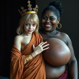 A young, malnourished 25-year-old blonde woman, very short with striking blue eyes, dressed in a long, fully enclosed Buddhist robe