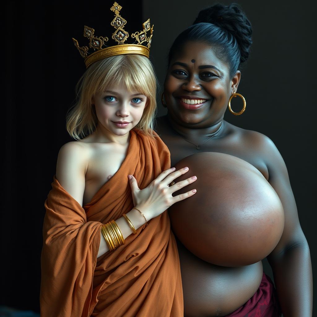 A young, malnourished 25-year-old blonde woman, very short with striking blue eyes, dressed in a long, fully enclosed Buddhist robe