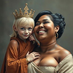 A young, malnourished 25-year-old blonde woman, very short with striking blue eyes, wearing a long, fully enclosed Buddhist robe