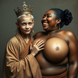 A young, malnourished 25-year-old blonde woman, very short with striking blue eyes, wearing a long, fully enclosed Buddhist robe