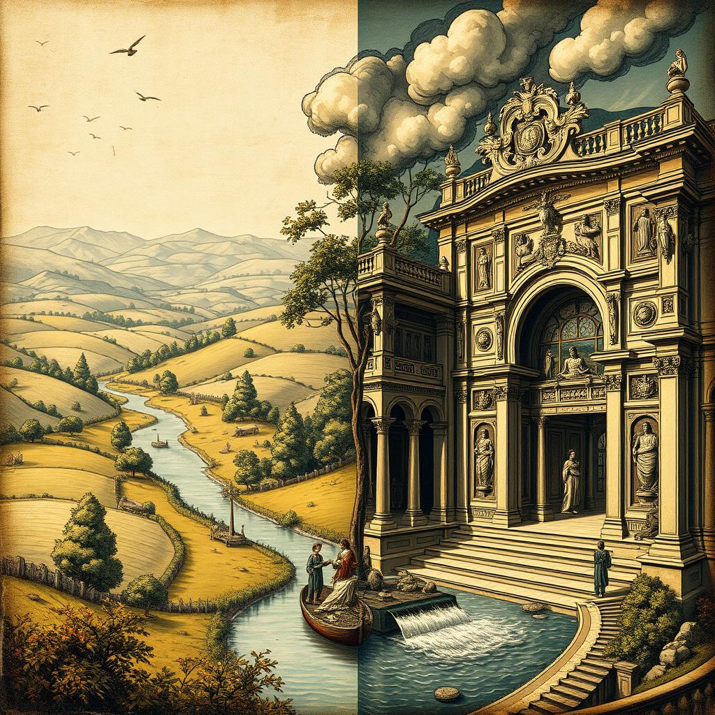 A vivid illustration representing the contrast between Arcadismo and Barroco, infused with Enlightenment themes and nature