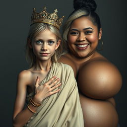 A young, malnourished 25-year-old blonde woman, very short with striking blue eyes, dressed in a long, fully closed Buddhist robe