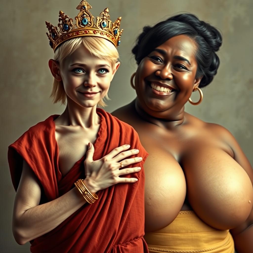 A young, malnourished 25-year-old blonde woman, very short with striking blue eyes, dressed in a long, fully closed Buddhist robe