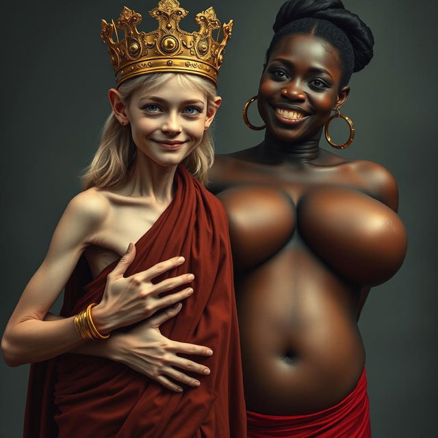 A young, malnourished 25-year-old blonde woman, very short with striking blue eyes, wearing a long, fully closed Buddhist robe